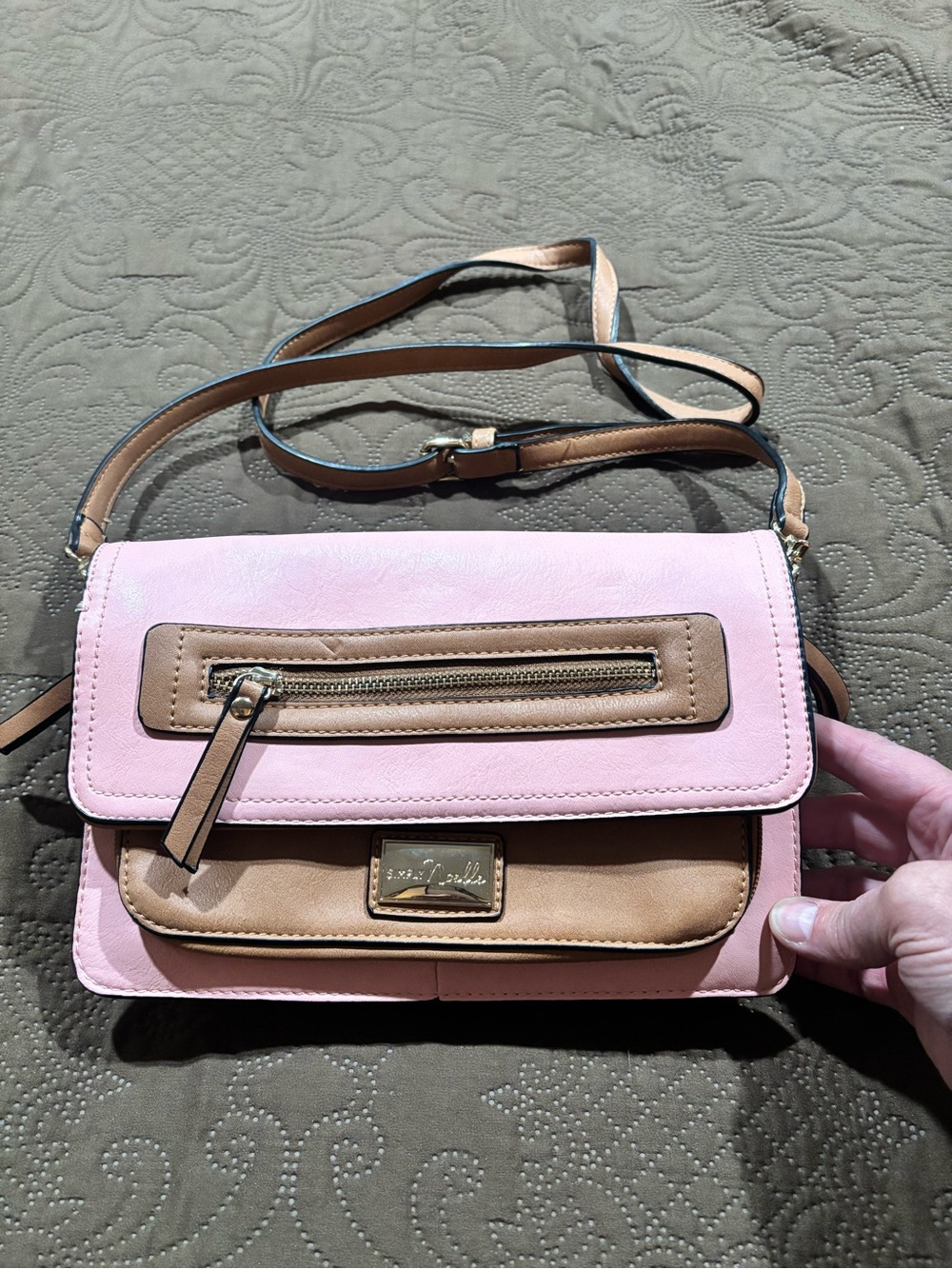 Simply Noelle Pink and Tan Crossbody Bag with Front Zip Pocket